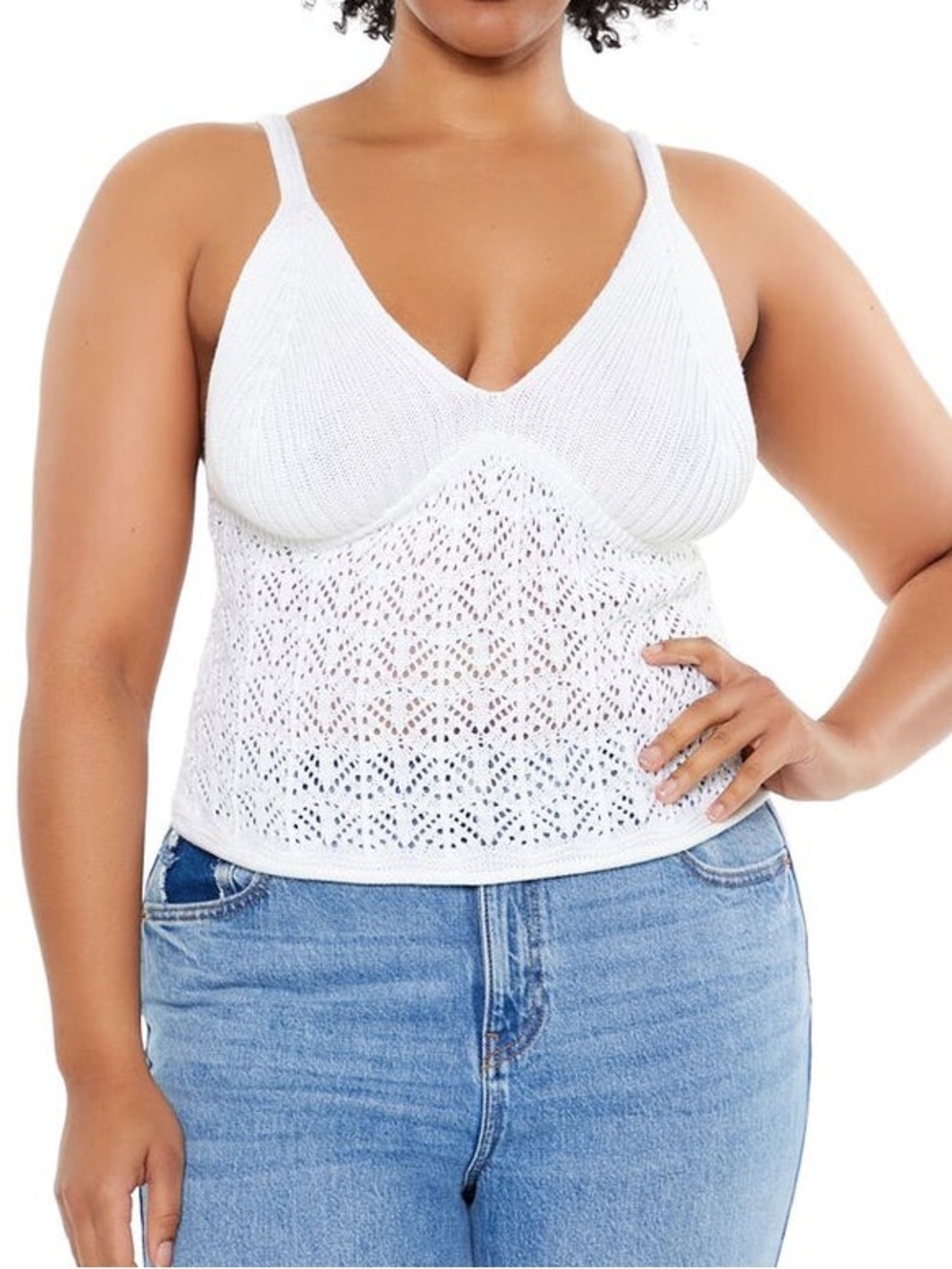 FOREVER 21 White Sweater Knit Camisole with Textured Lace Design